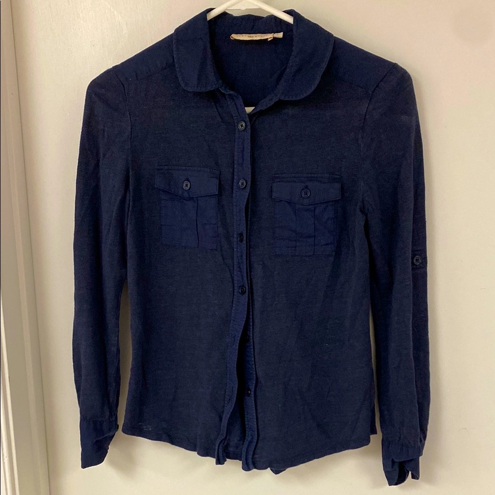 Tory Burch Navy Blue Linen Button-Up Shirt